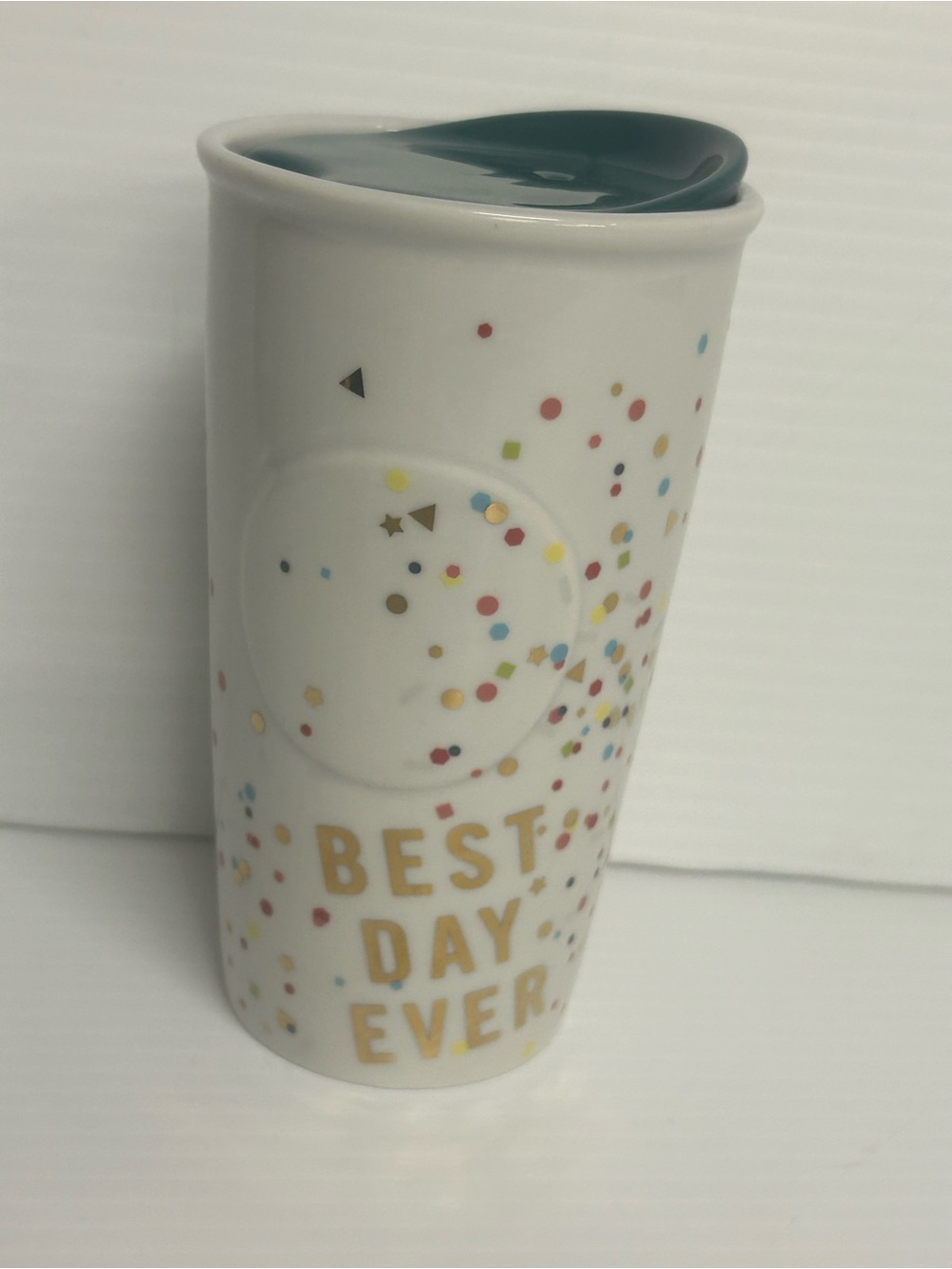 Starbucks Best Day Ever Ceramic Tumbler 10oz Confetti Travel Coffee Mug Lid 2015